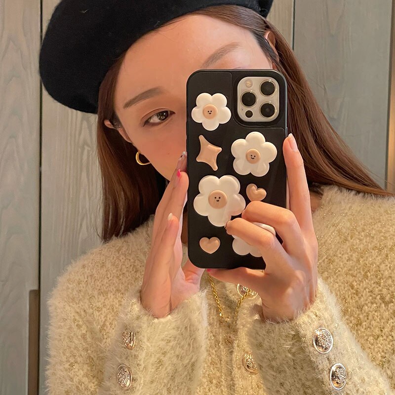 Korean Cute Cartoon 3D Clay Flower Smiley Phone Case For iPhone 13 12 11 Pro XS Max X XR 7 8 Plus Protective Soft Back Cover