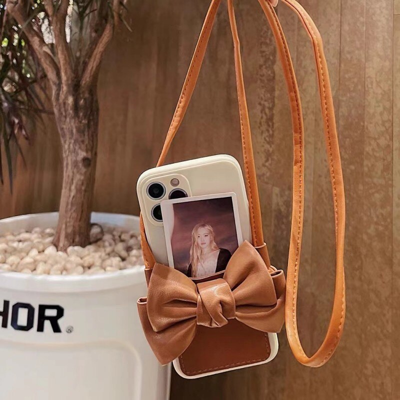 ins Korea 3D Leather Bow Card Pocket Lanyard Phone Case For iphone 11 12 13 Pro Max Pro X XR XS 7 8 Plus Plus 6S SE Cover capa