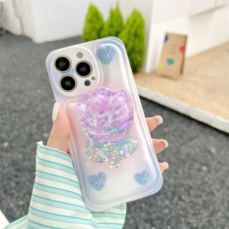 Cute Glitter Flower Bracket Butterfly Stand Phone Case for iPhone 13 12 11 Pro Max X XR XS Max 12 Pro Trendy Air Cushion Cover