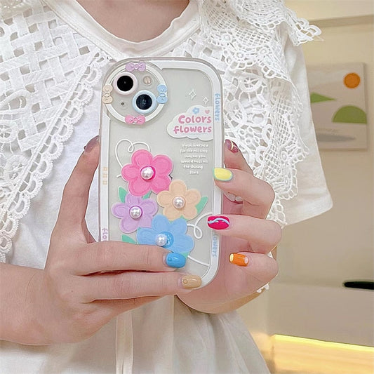 Luxury Cute Pearl Flower Phone Case for iPhone 13 12 11 Pro Max X XR XS Max 12 Pro Max Bumper Protection Cover Floral Clear Capa