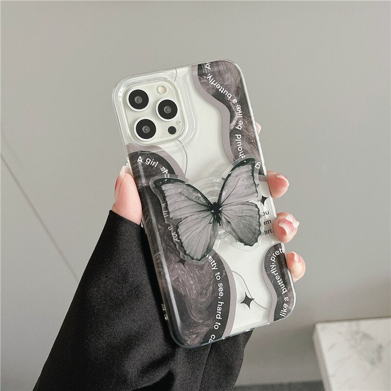 INS cool cute 3D black dream butterfly handle holder clear soft phone case for iphone  13 Pro Max 12 11 7 8 plus X bracket Cover