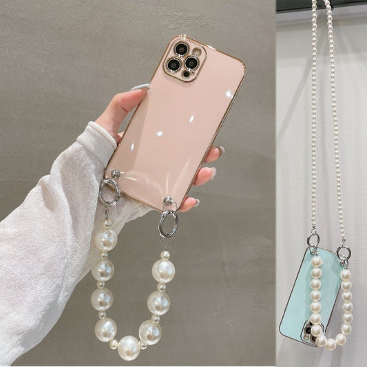 ins Korea Plating Big Pearl Strap Bracelet Soft Phone Case For iphone 13 12 Pro Max 11 Pro X XS XR Max 6S 7 8 Plus Mini SE Cover